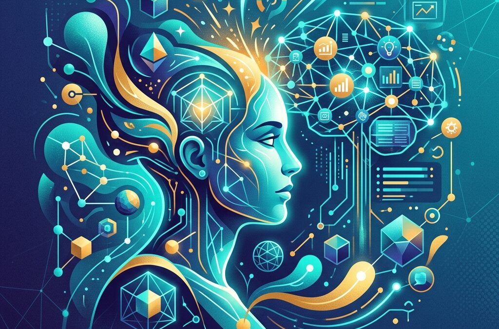 Modern abstract illustration representing AI content marketing strategy with teal, indigo, and warm gold geometric accents