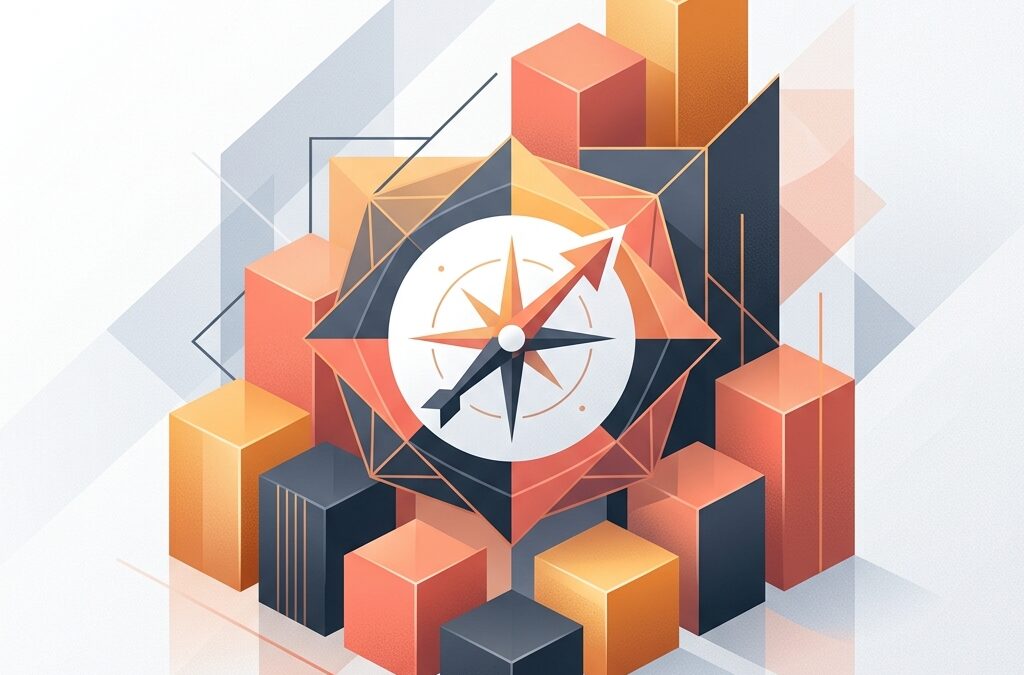Sleek modern editorial illustration depicting brand positioning strategy for small business with warm amber and coral geometric compass elements