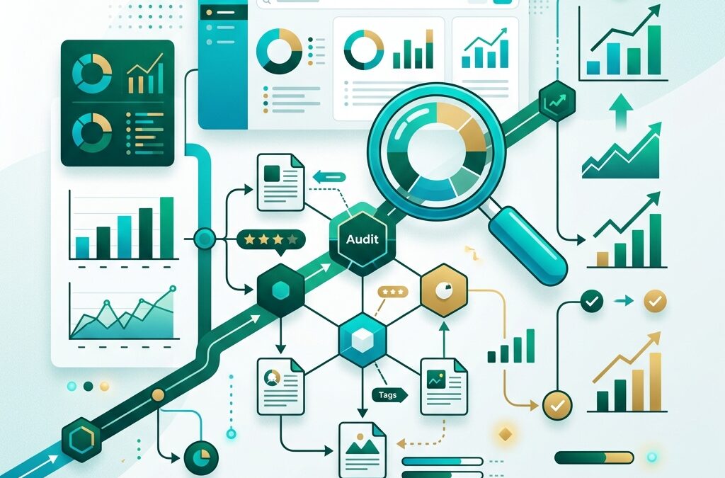 Modern editorial illustration representing an SEO content audit framework with analytics magnifying glass and teal geometric nodes
